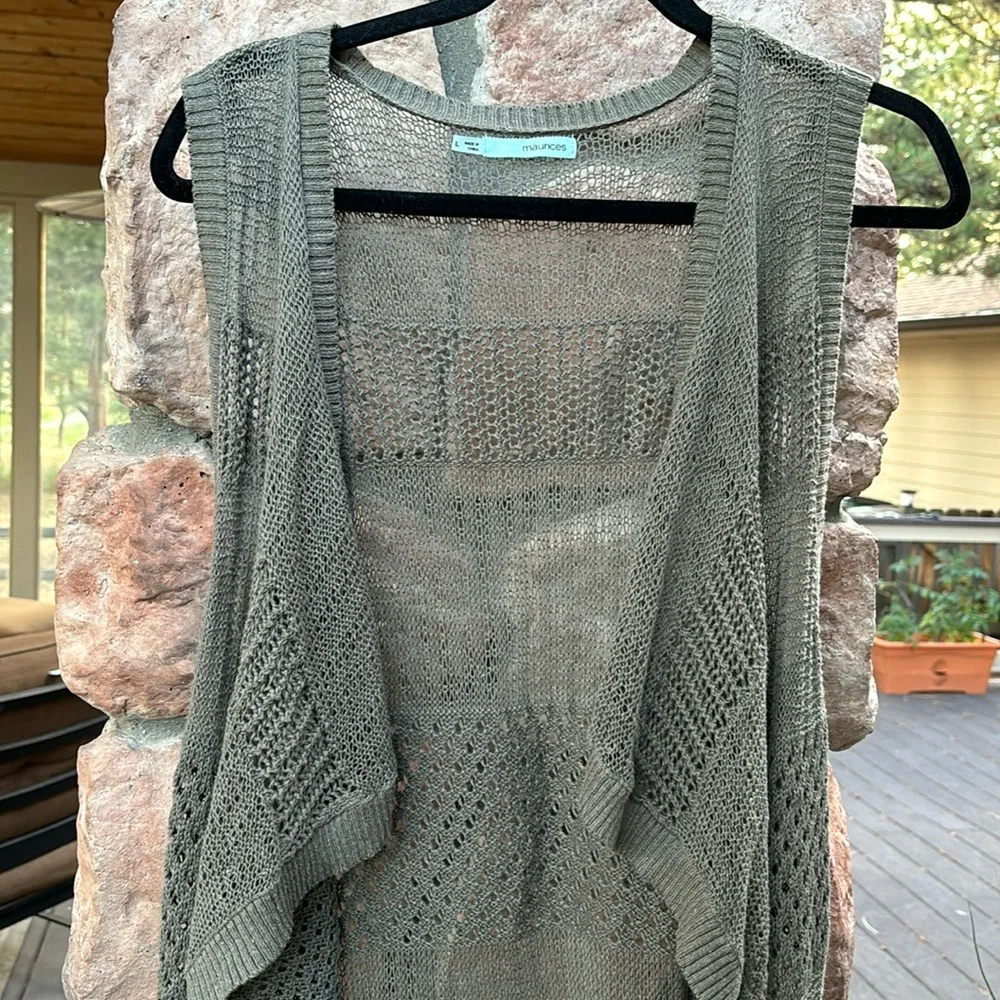 MAURICES Size LARGE Army Olive Green Open Weave Long Line Sweater Vest Boho